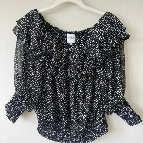MISA Los Angeles Carlan Off Shoulder Top in Black with White Dots Size XS EUC - Picture 3 of 9